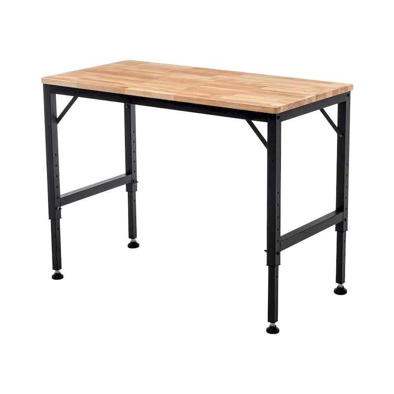 Établi à hauteur réglable avec plateau en bois et pieds en métal