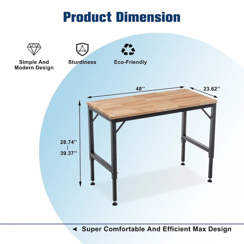 Établi à hauteur réglable avec plateau en bois et pieds en métal