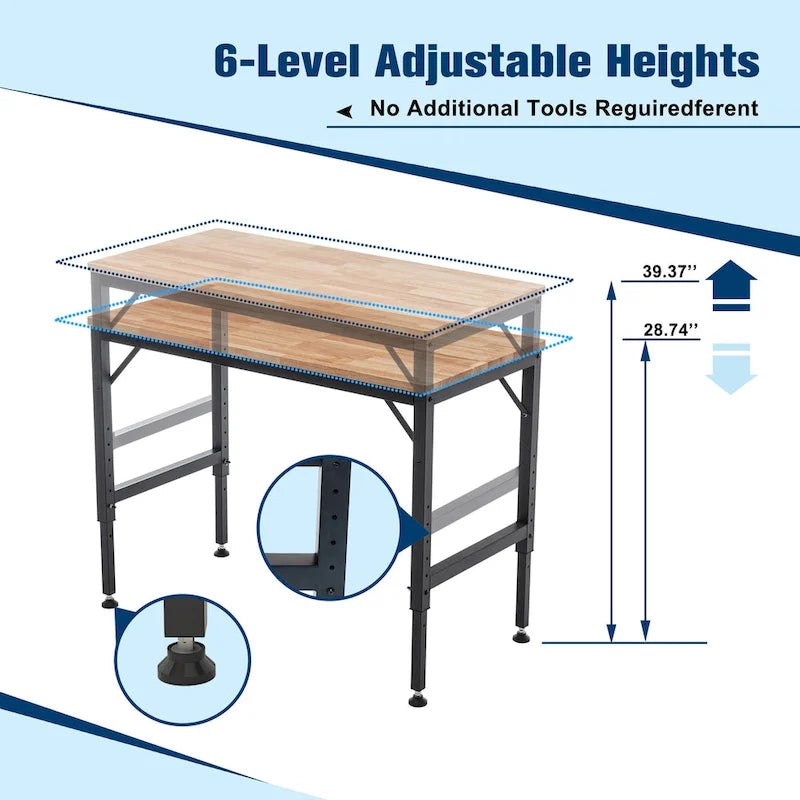 Établi à hauteur réglable avec plateau en bois et pieds en métal