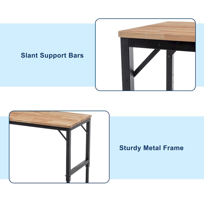 Établi à hauteur réglable avec plateau en bois et pieds en métal
