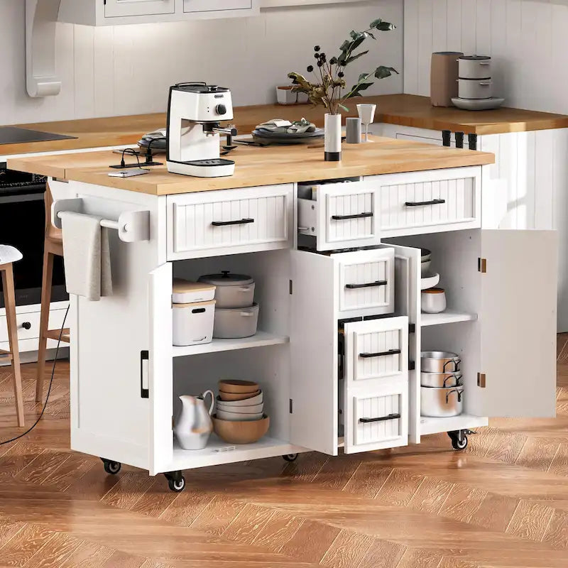 Îlot de cuisine roulant avec abattant et prise de courant intégrée – 4 portes, 5 tiroirs