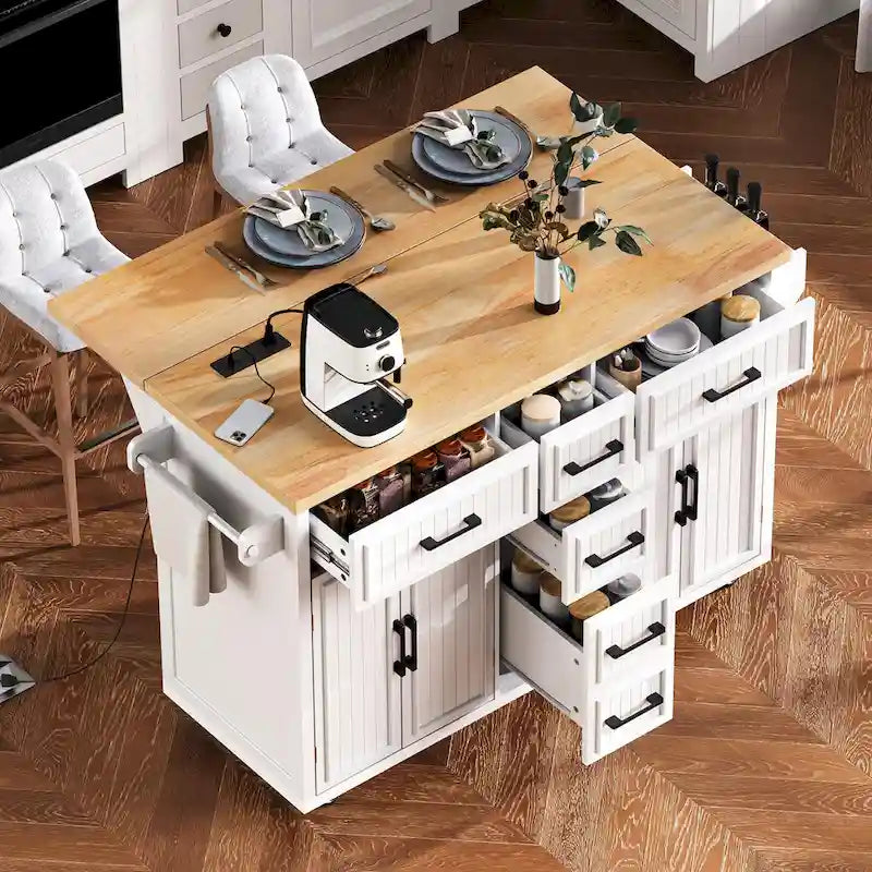 Îlot de cuisine roulant avec abattant et prise de courant intégrée – 4 portes, 5 tiroirs
