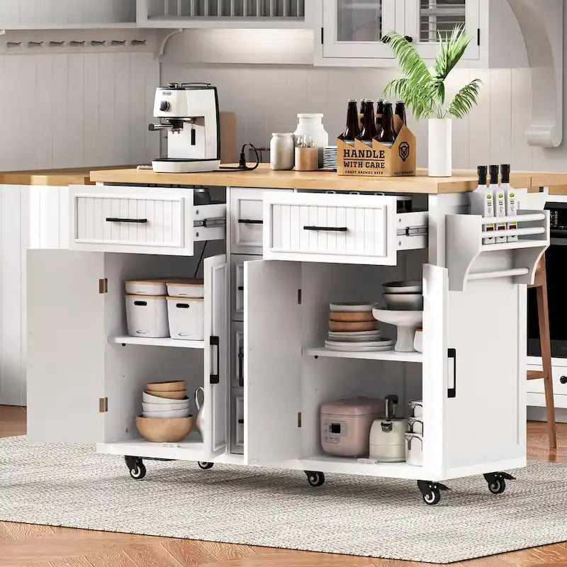 Îlot de cuisine roulant avec abattant et prise de courant intégrée – 4 portes, 5 tiroirs