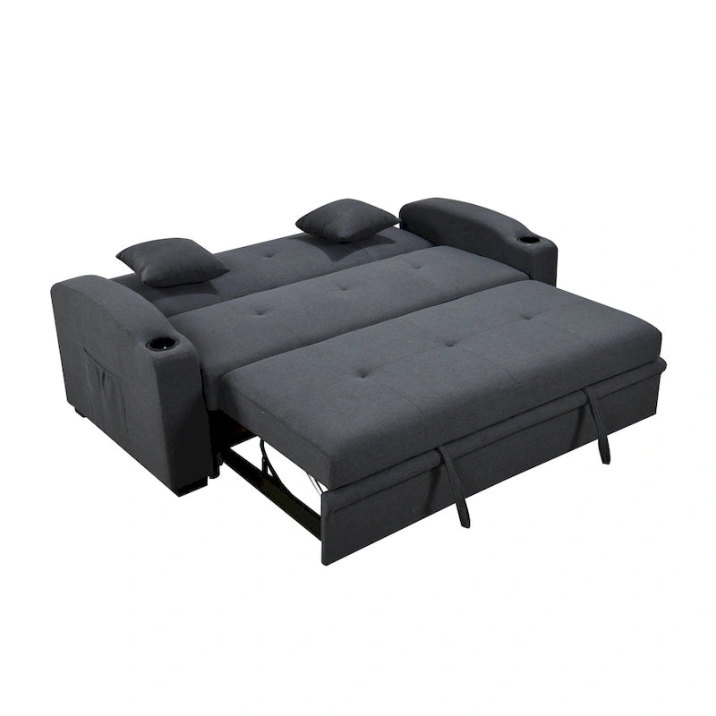 Canapé moderne convertible 3-en-1 de 75 pouces avec lit gigogne, dossier inclinable, porte-gobelets et oreillers