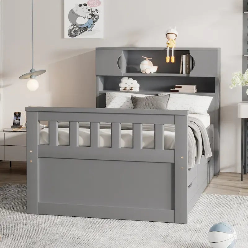 Lit plateforme gris deux places avec quatre tiroirs, bibliothèques de rangement et étagères
