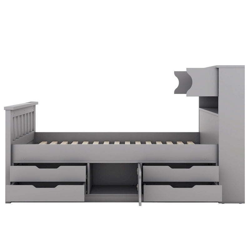 Lit plateforme gris deux places avec quatre tiroirs, bibliothèques de rangement et étagères