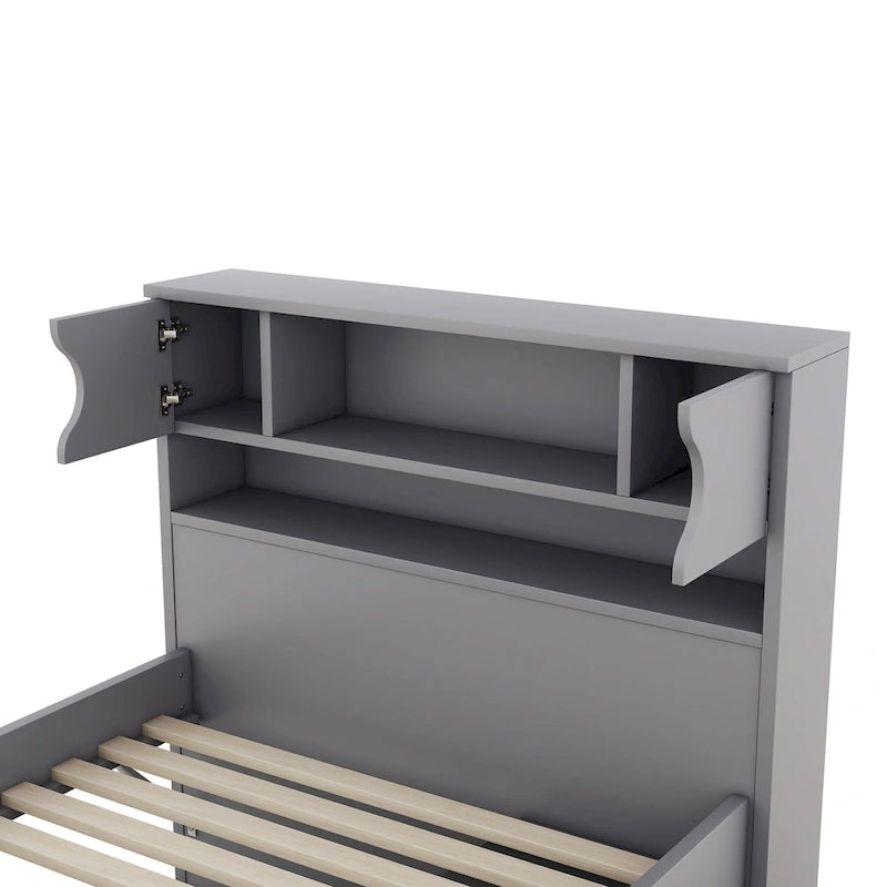 Lit plateforme gris deux places avec quatre tiroirs, bibliothèques de rangement et étagères