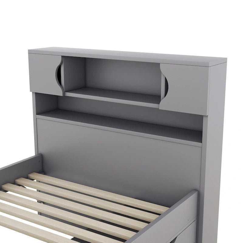 Lit plateforme gris deux places avec quatre tiroirs, bibliothèques de rangement et étagères