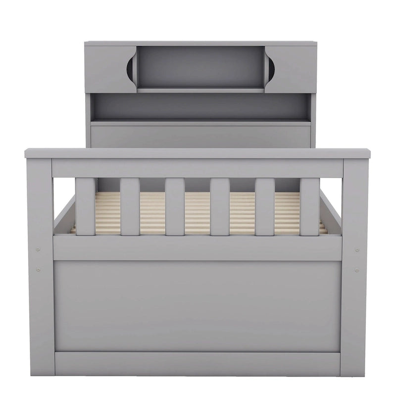 Lit plateforme gris deux places avec quatre tiroirs, bibliothèques de rangement et étagères