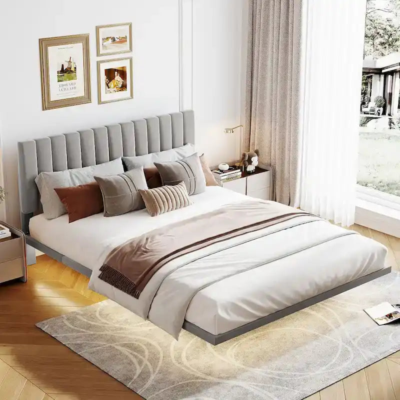 Queen Velvet Floating Bed with Sensor Light and Tufted Headboard