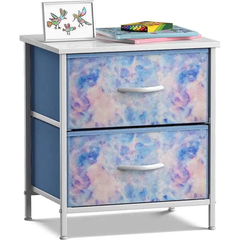 Table de chevet à 2 tiroirs avec paniers de rangement en tissu, Couleurs pastel
