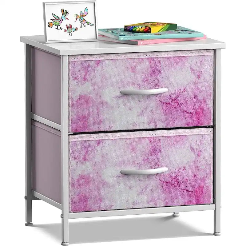 Table de chevet à 2 tiroirs avec paniers de rangement en tissu, Couleurs pastel
