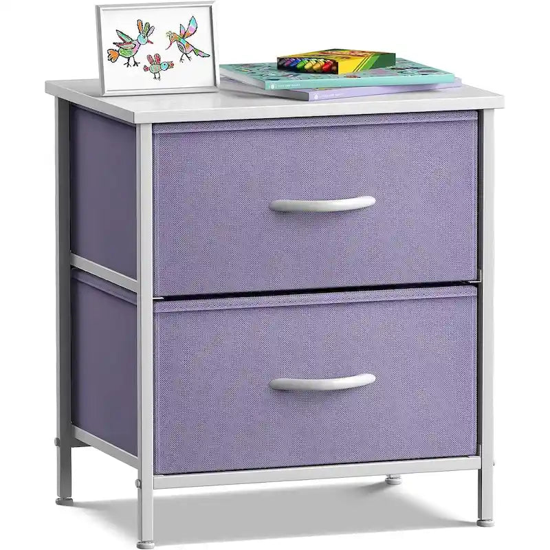 Table de chevet à 2 tiroirs avec paniers de rangement en tissu, Couleurs pastel
