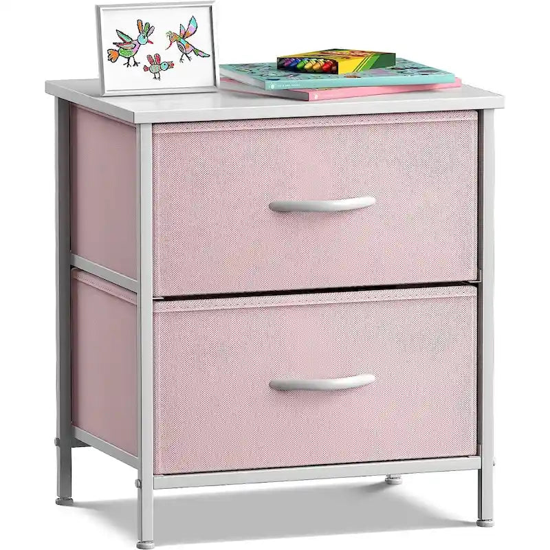Table de chevet à 2 tiroirs avec paniers de rangement en tissu, Couleurs pastel