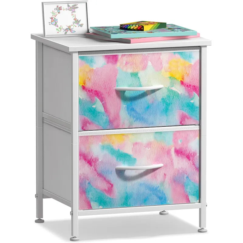Table de chevet à 2 tiroirs avec paniers de rangement en tissu, Couleurs pastel