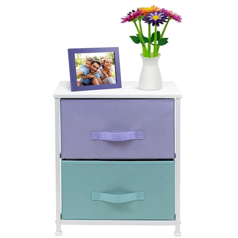 Table de chevet à 2 tiroirs avec paniers de rangement en tissu, Couleurs pastel