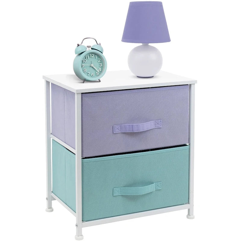 Table de chevet à 2 tiroirs avec paniers de rangement en tissu, Couleurs pastel