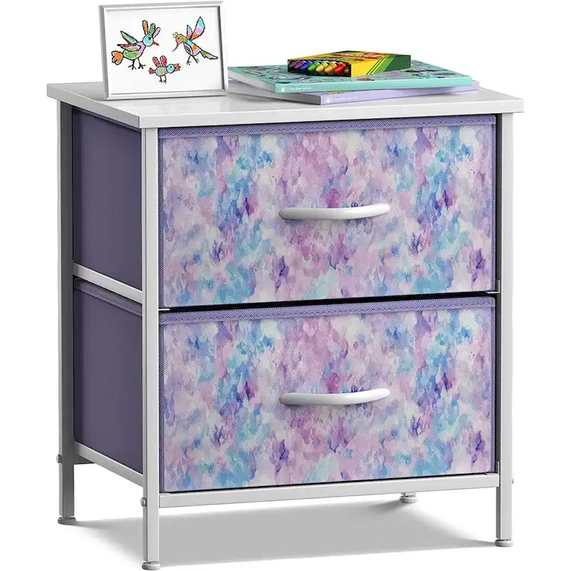 Table de chevet à 2 tiroirs avec paniers de rangement en tissu, Couleurs pastel
