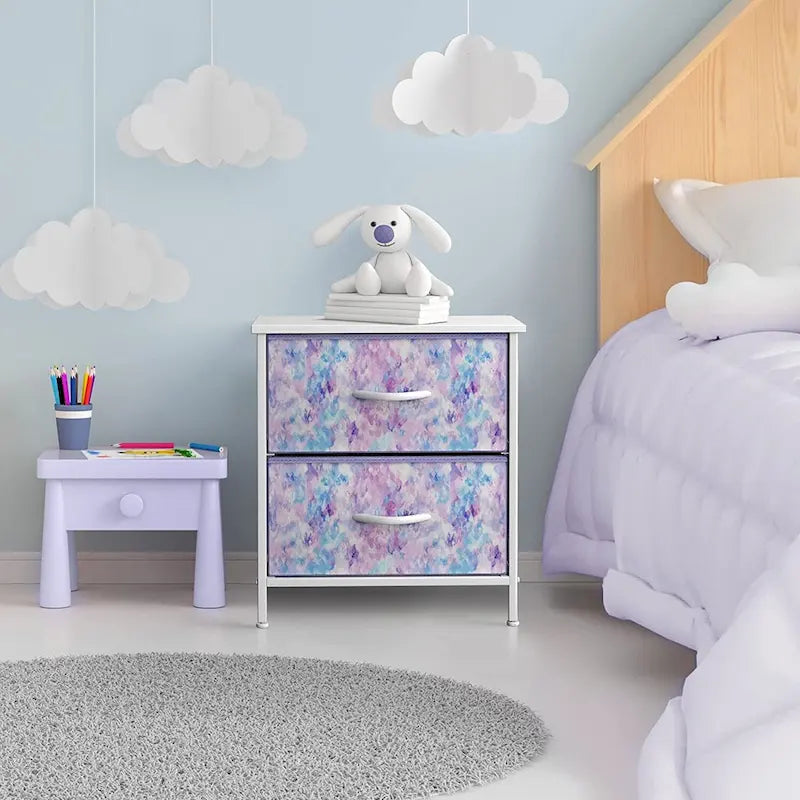 Table de chevet à 2 tiroirs avec paniers de rangement en tissu, Couleurs pastel