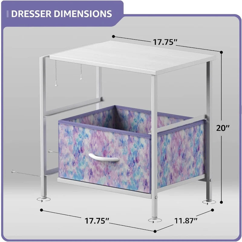 Table de chevet à 2 tiroirs avec paniers de rangement en tissu, Couleurs pastel