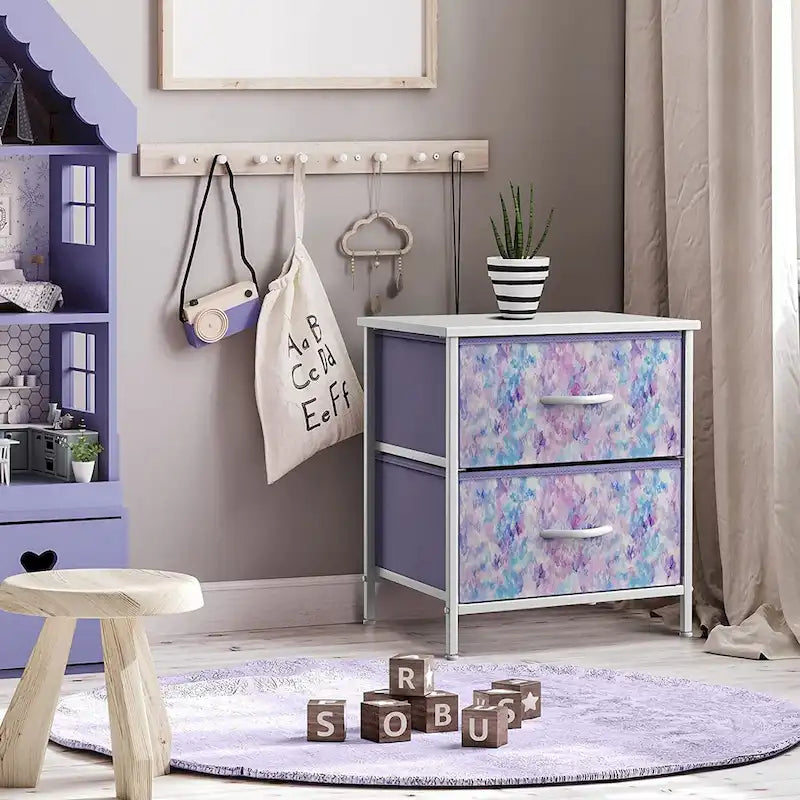 Table de chevet à 2 tiroirs avec paniers de rangement en tissu, Couleurs pastel