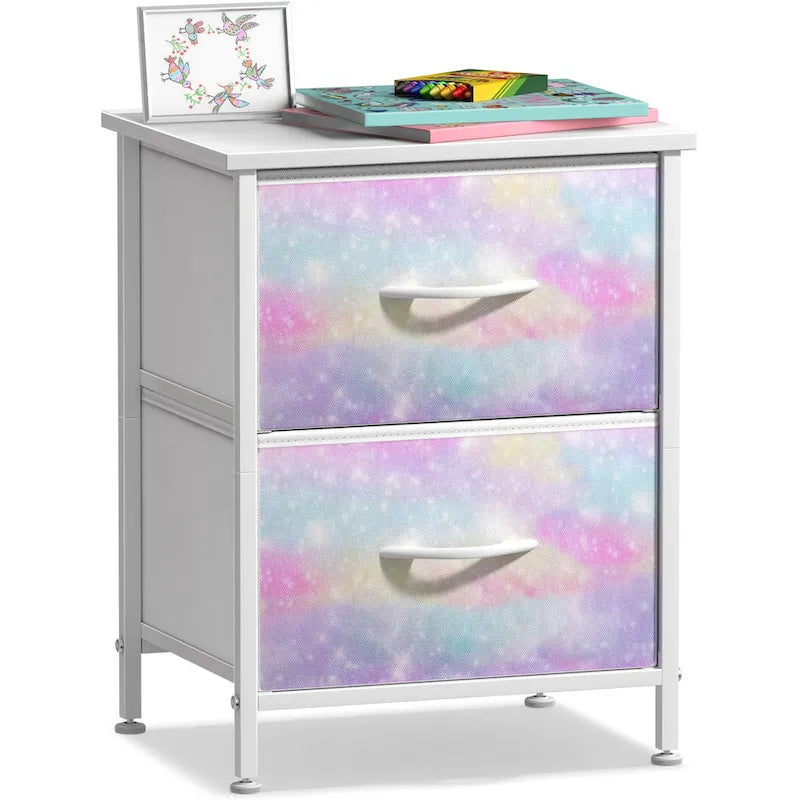Table de chevet à 2 tiroirs avec paniers de rangement en tissu, Couleurs pastel