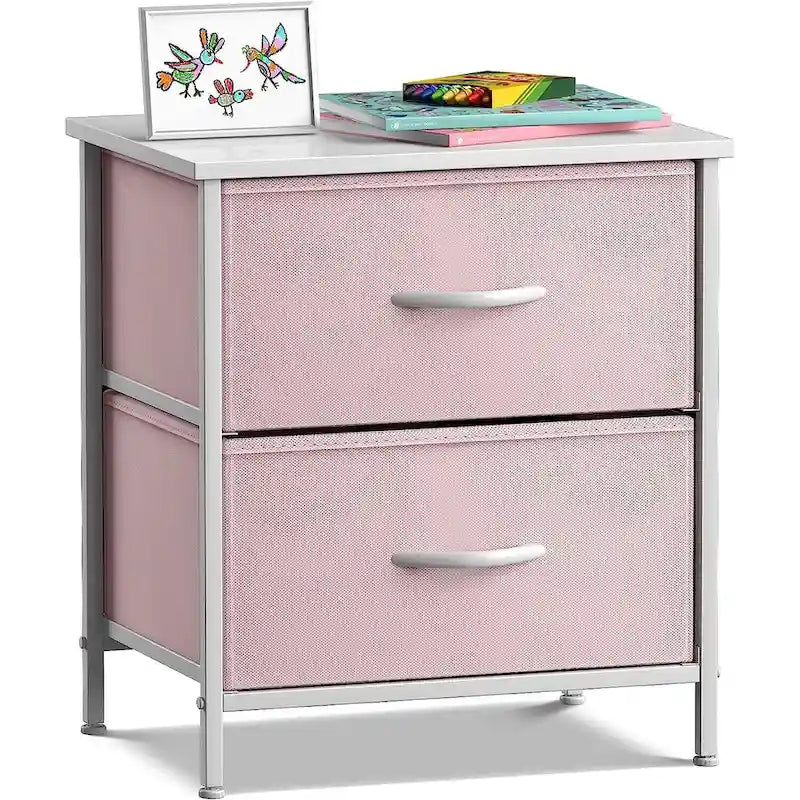 Table de chevet à 2 tiroirs avec paniers de rangement en tissu, Couleurs pastel