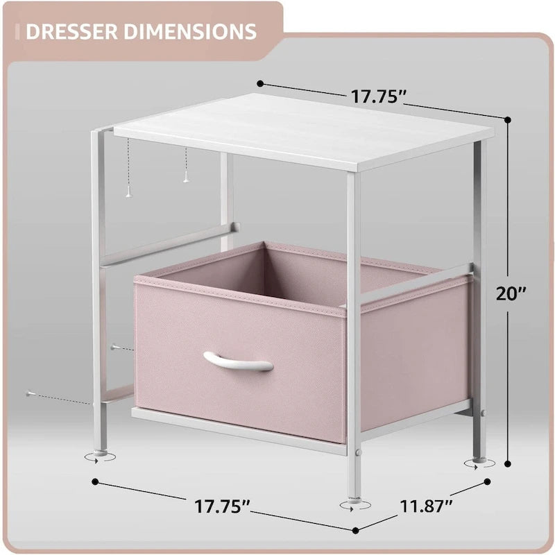 Table de chevet à 2 tiroirs avec paniers de rangement en tissu, Couleurs pastel