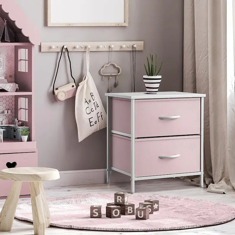Table de chevet à 2 tiroirs avec paniers de rangement en tissu, Couleurs pastel