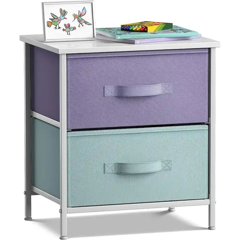 Table de chevet à 2 tiroirs avec paniers de rangement en tissu, Couleurs pastel
