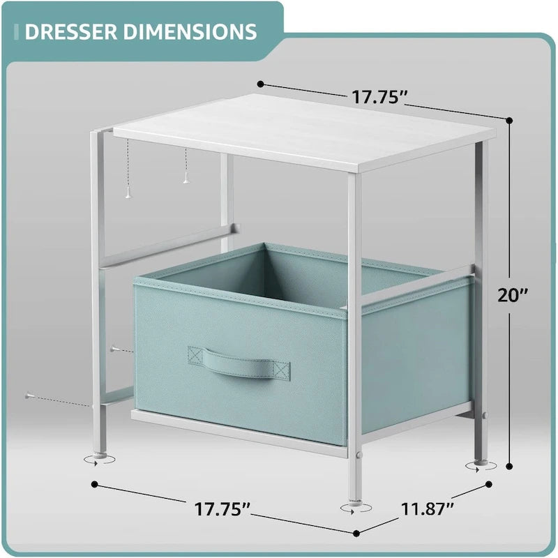 Table de chevet à 2 tiroirs avec paniers de rangement en tissu, Couleurs pastel