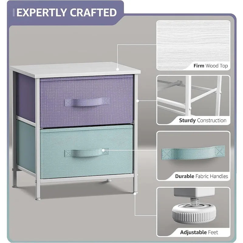Table de chevet à 2 tiroirs avec paniers de rangement en tissu, Couleurs pastel