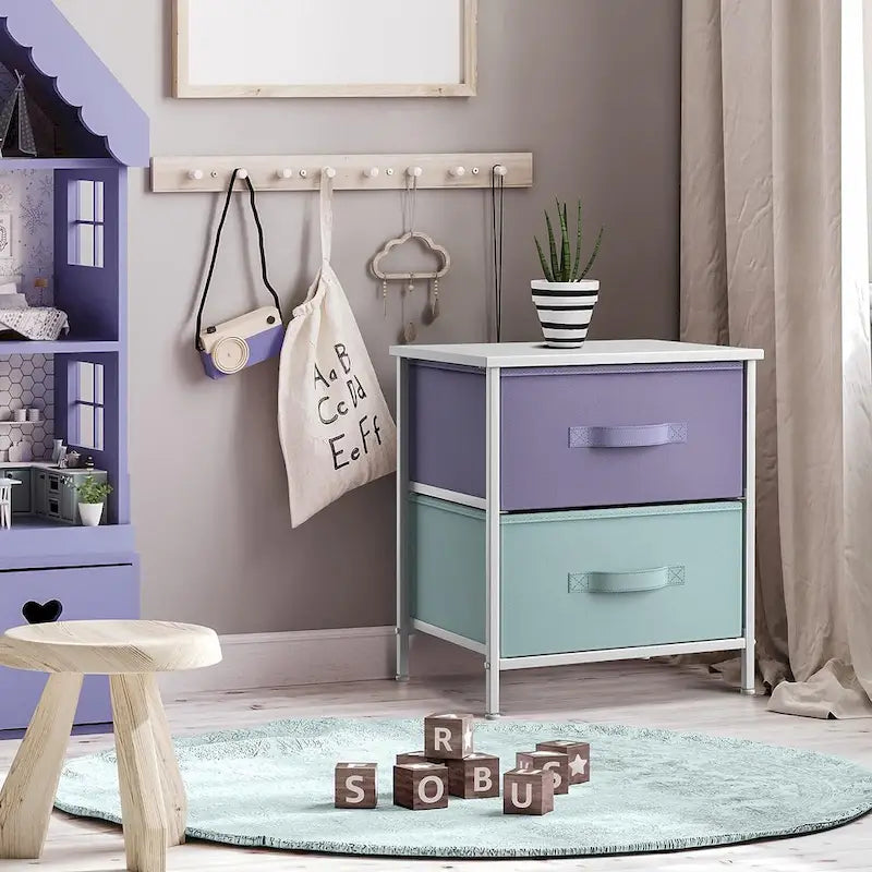 Table de chevet à 2 tiroirs avec paniers de rangement en tissu, Couleurs pastel