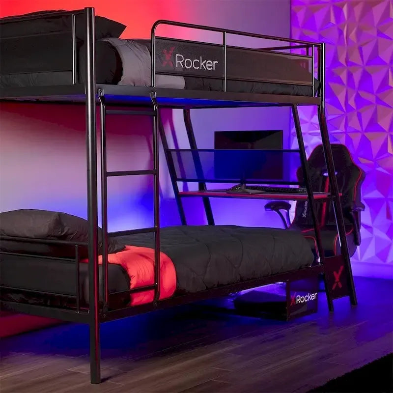 Lit superposé double avec bureau de jeu intégré, noir