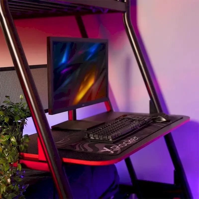 Lit superposé double avec bureau de jeu intégré, noir