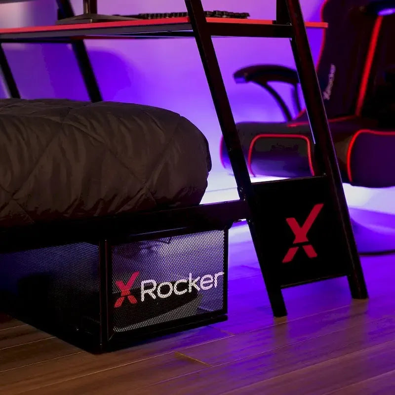Lit superposé double avec bureau de jeu intégré, noir