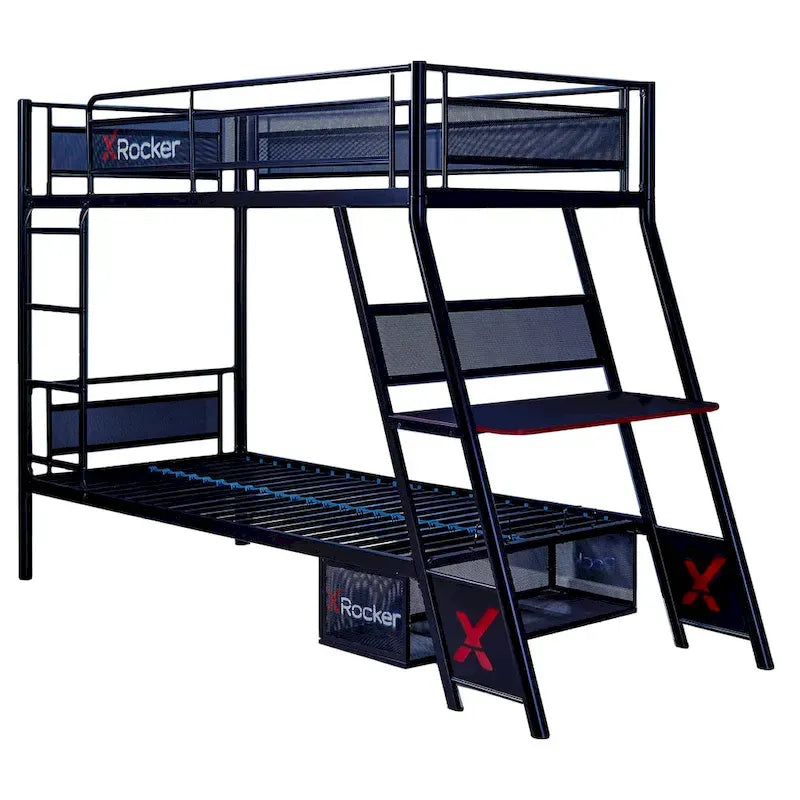 Lit superposé double avec bureau de jeu intégré, noir