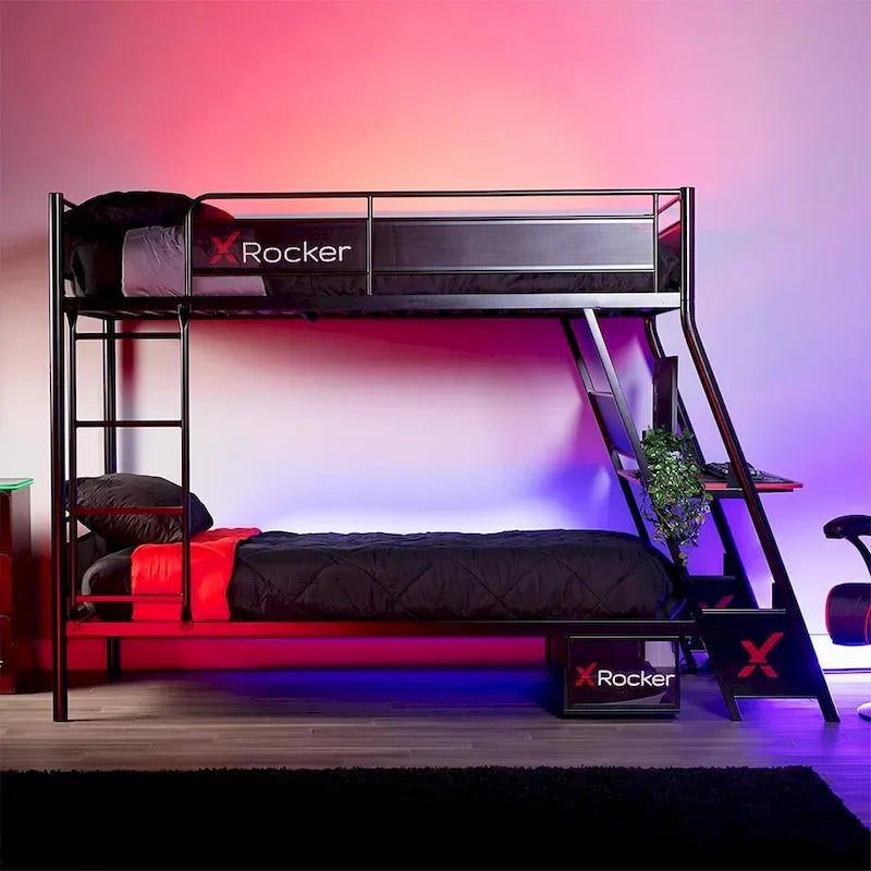 Lit superposé double avec bureau de jeu intégré, noir