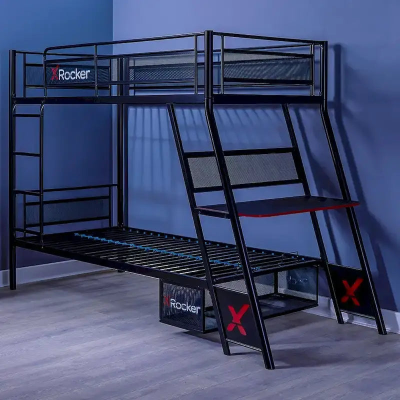 Lit superposé double avec bureau de jeu intégré, noir