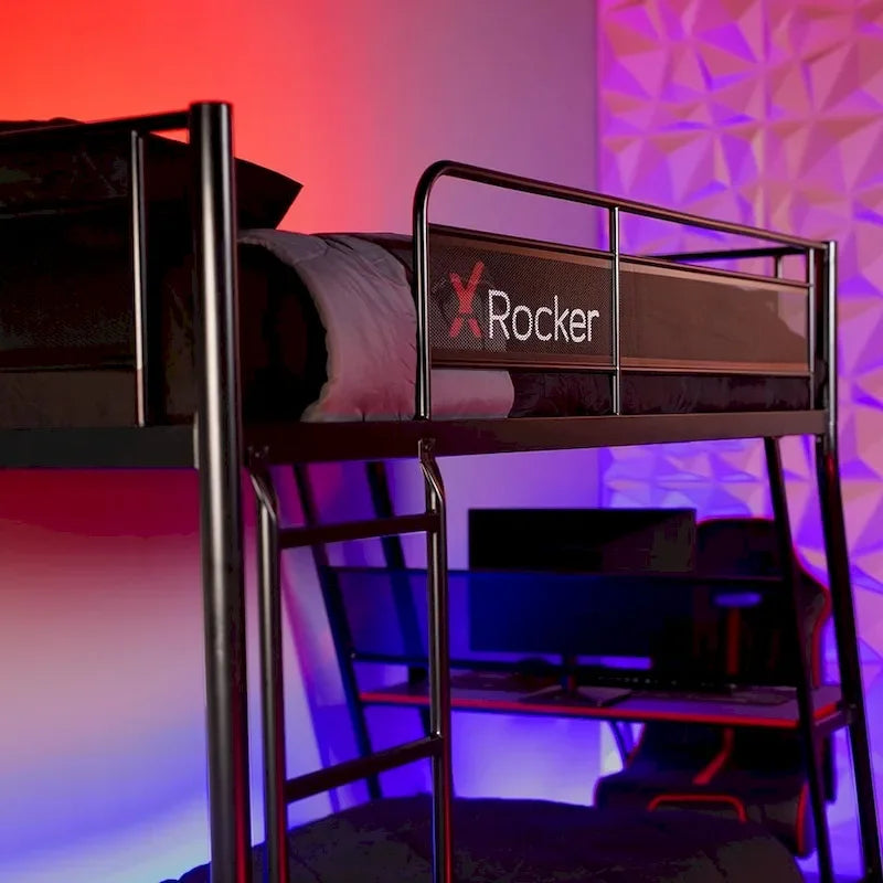 Lit superposé double avec bureau de jeu intégré, noir