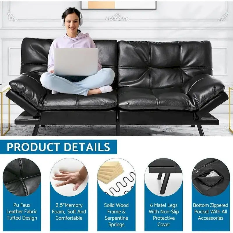 Canapé-lit futon convertible avec accoudoirs réglables