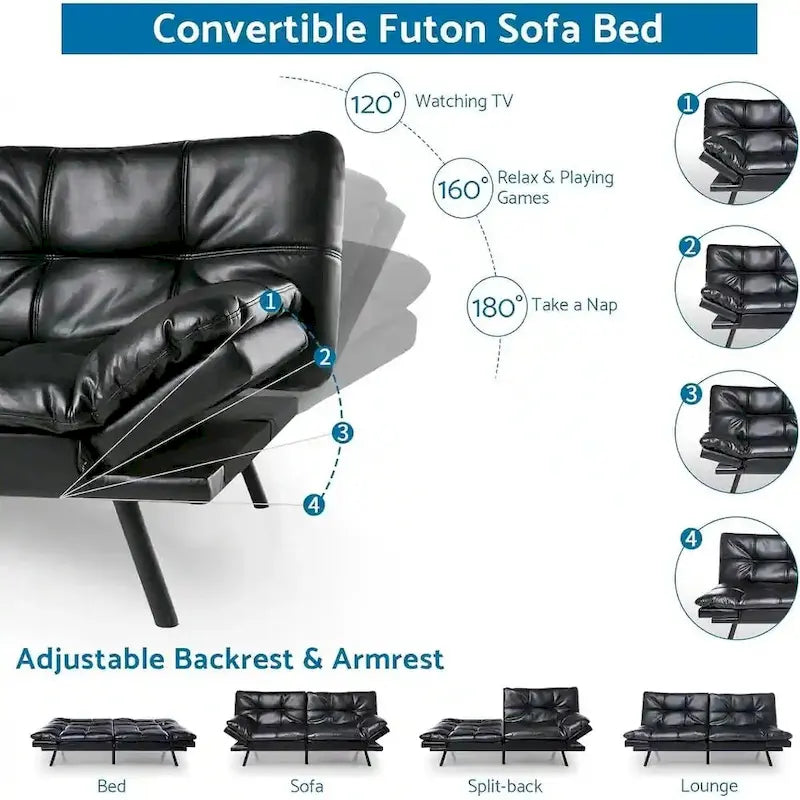 Canapé-lit futon convertible avec accoudoirs réglables
