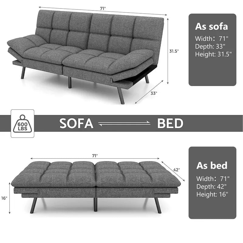 Canapé-lit futon convertible avec accoudoirs réglables