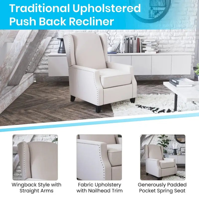 Fauteuil inclinable à dossier haut avec ressorts ensachés et garniture cloutée