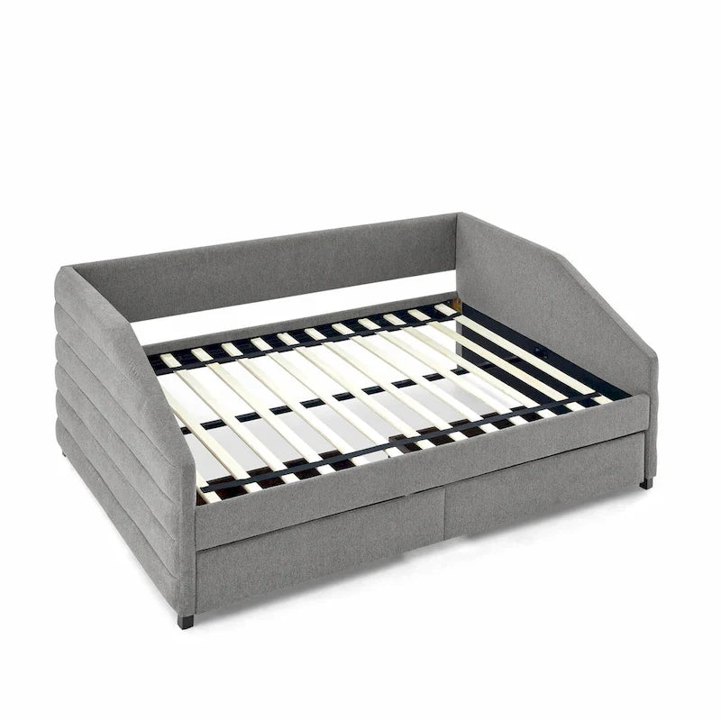 Lit banquette pleine grandeur avec lit gigogne – Canapé-lit capitonné rembourré, tissu en lin