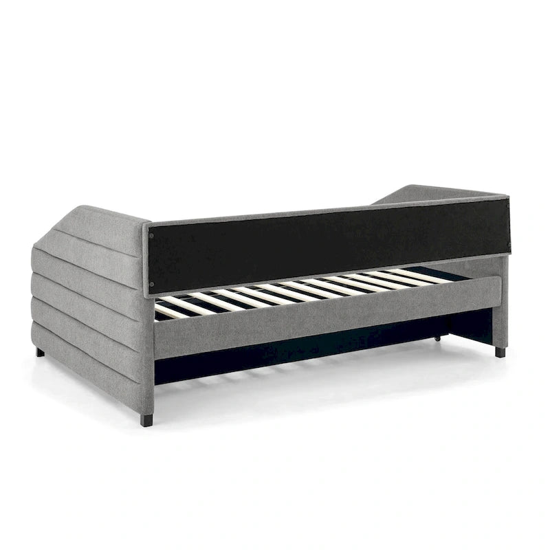 Lit banquette pleine grandeur avec lit gigogne – Canapé-lit capitonné rembourré, tissu en lin