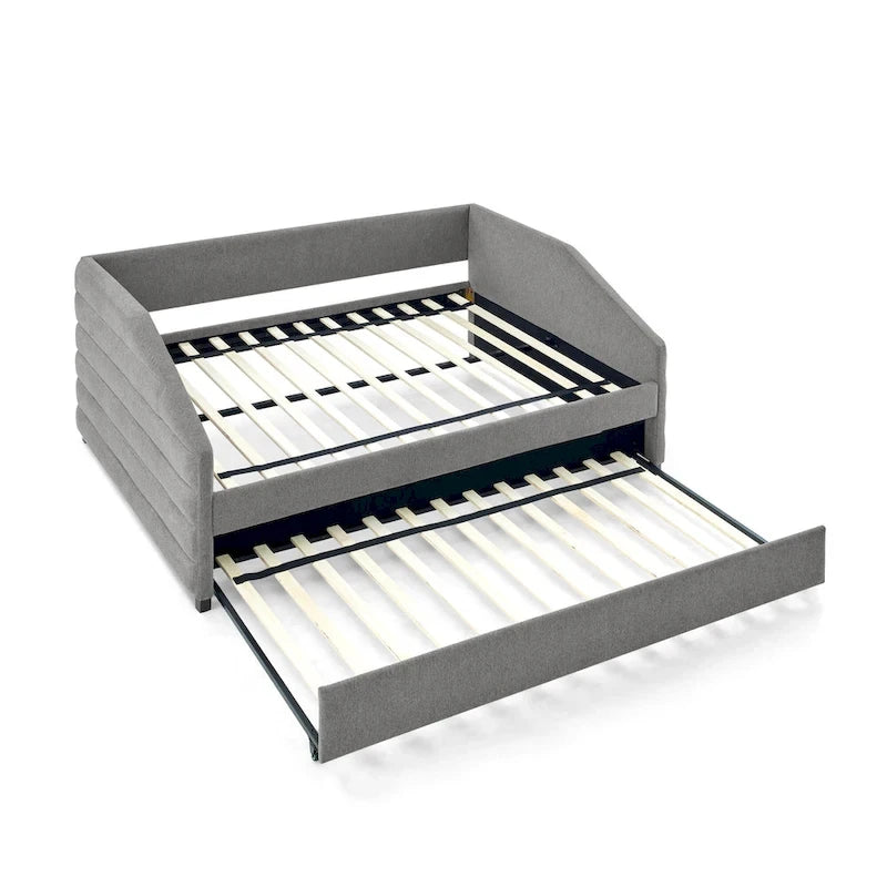 Lit banquette pleine grandeur avec lit gigogne – Canapé-lit capitonné rembourré, tissu en lin