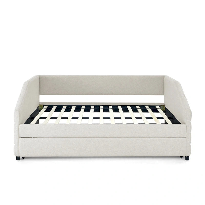 Lit banquette pleine grandeur avec lit gigogne – Canapé-lit capitonné rembourré, tissu en lin