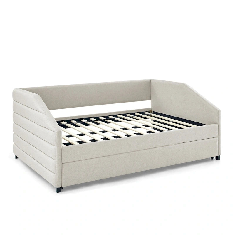 Lit banquette pleine grandeur avec lit gigogne – Canapé-lit capitonné rembourré, tissu en lin