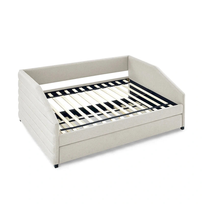 Lit banquette pleine grandeur avec lit gigogne – Canapé-lit capitonné rembourré, tissu en lin
